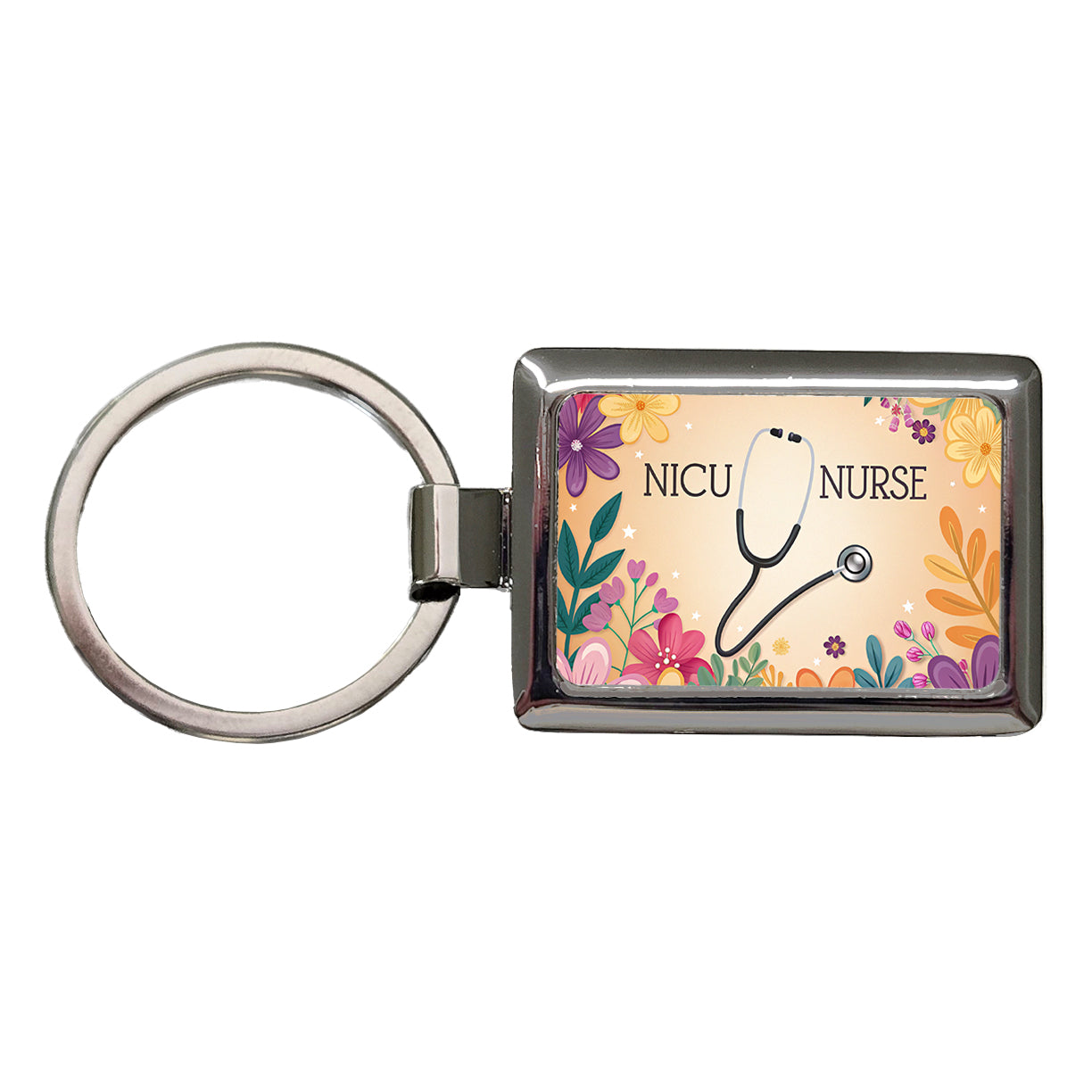 NICU Neonatal Nurse Appreciation Stethoscope Flowers Rectangle Metal Keychain