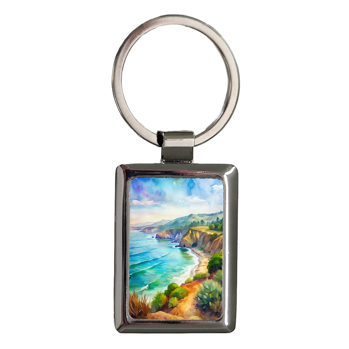 California Coast Beach Ocean Painting Rectangle Metal Keychain