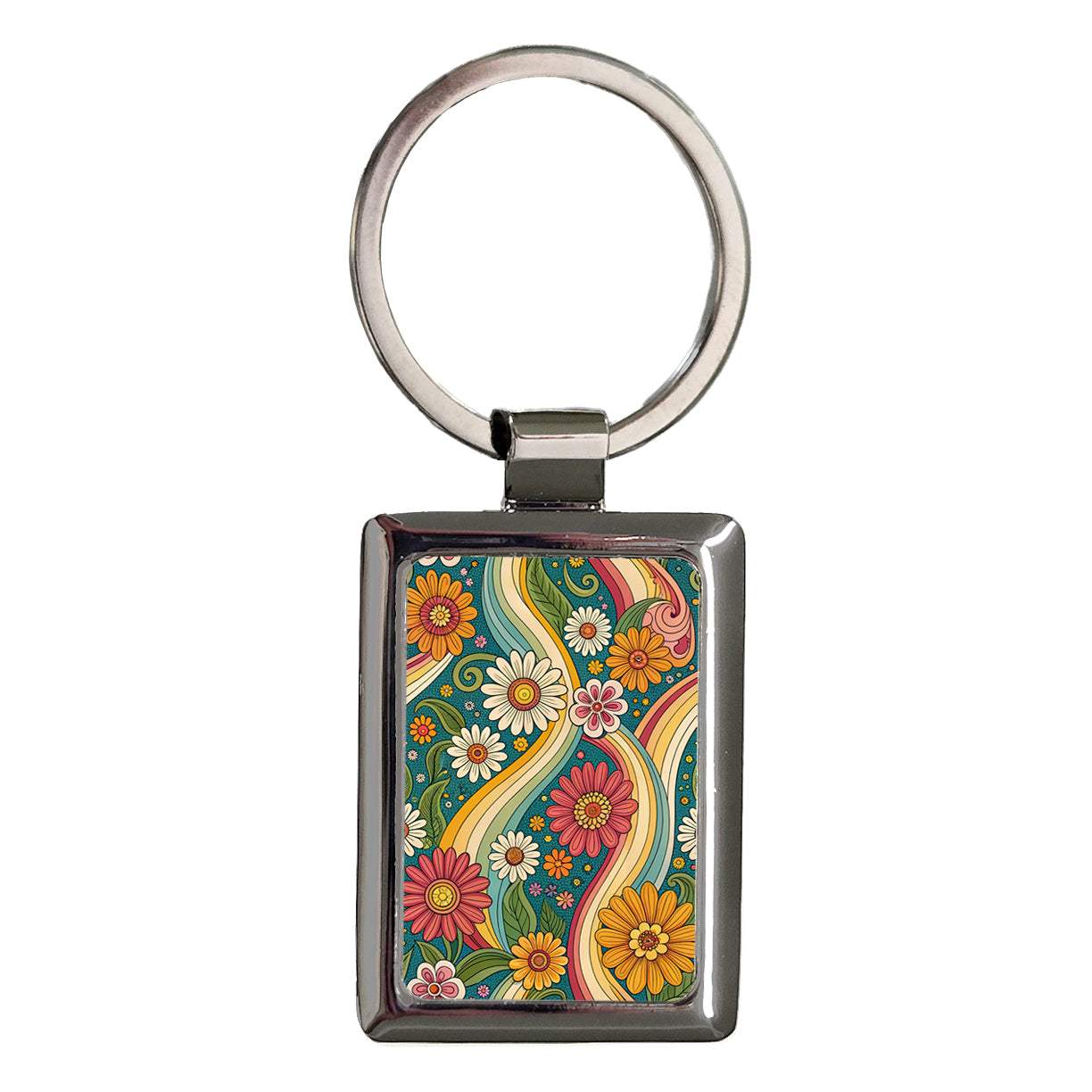 Groovy Flowers Swirls Cute Background Rectangle Metal Keychain