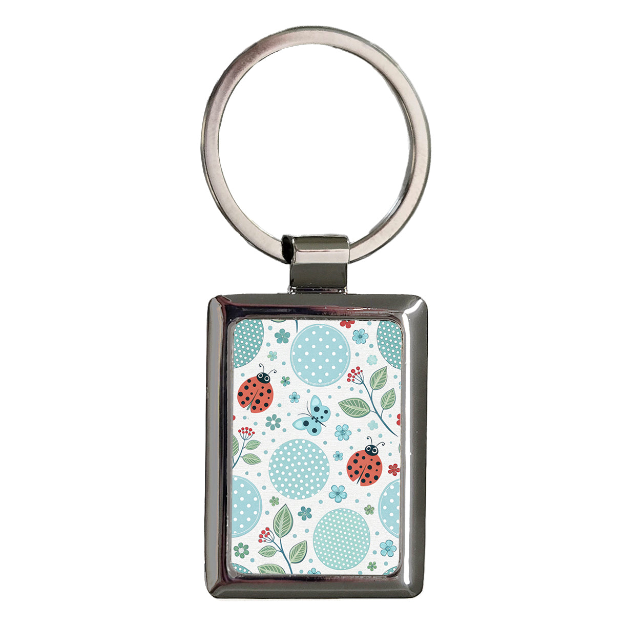 Ladybugs Butterfly Butterflies Light Blue White Polka Dots Rectangle Metal Keychain