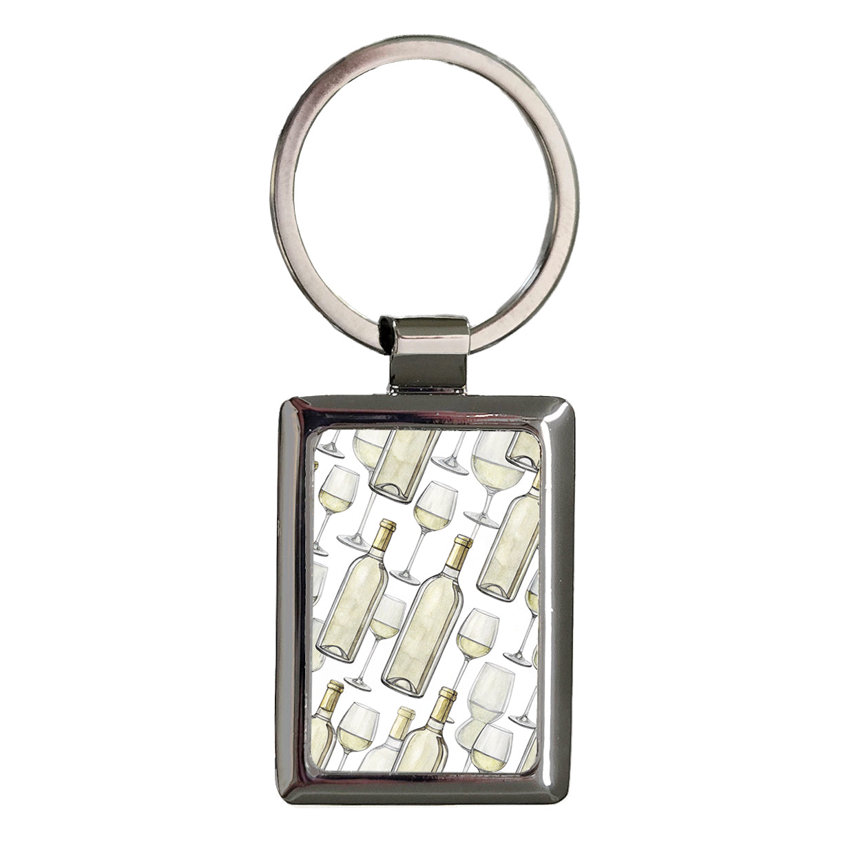 White Wine Glasses Bottles Rectangle Metal Keychain
