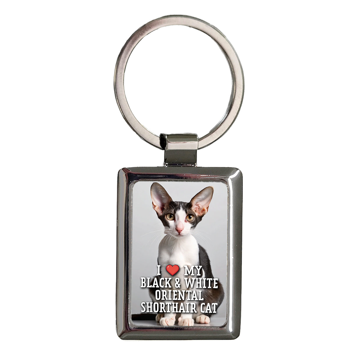 I Love My Black & White Oriental Shorthair Cat Heart Rectangle Metal Keychain