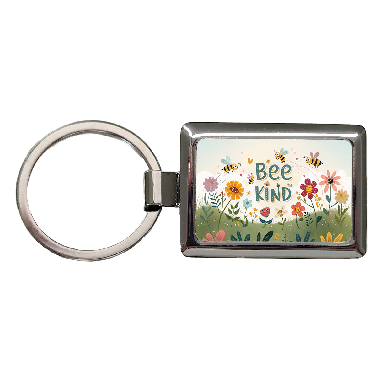 Be Bee Kind With Floral Bees Design Rectangle Metal Keychain