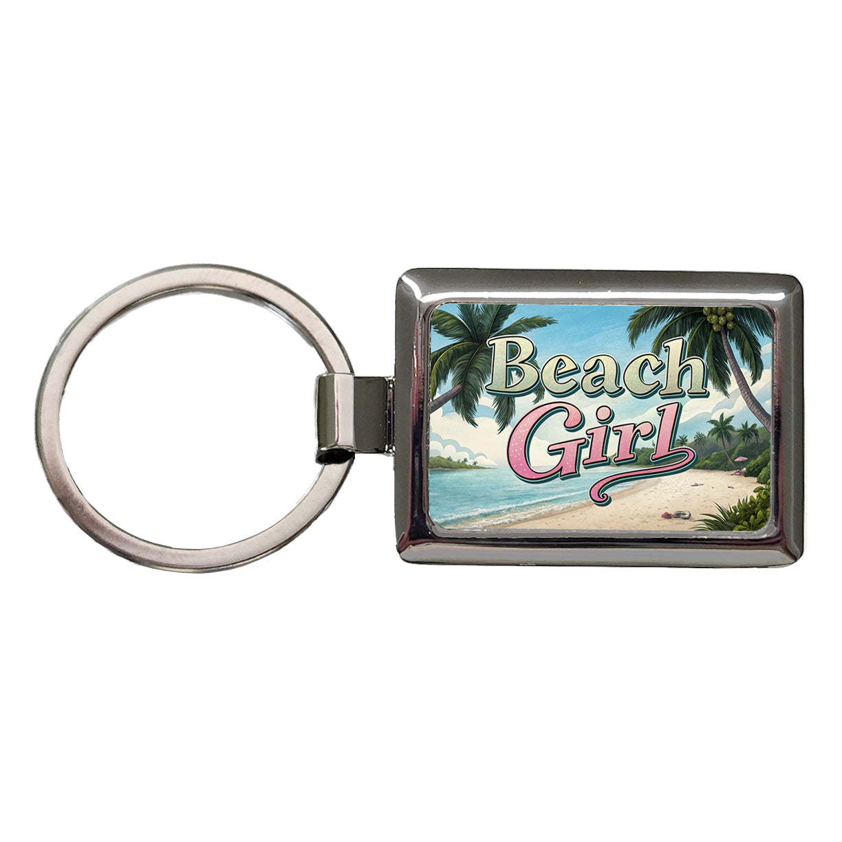 Beach Girl Tropical Beach Palm Trees Rectangle Metal Keychain