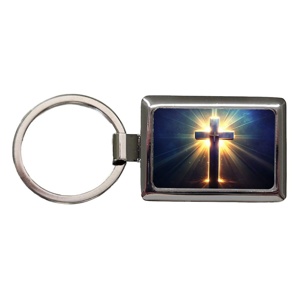 Glowing Religious Cross Rectangle Metal Keychain