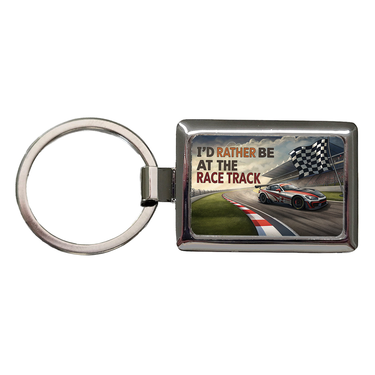 I'd Rather Be At The Race Track Checkered Flag Rectangle Metal Keychain