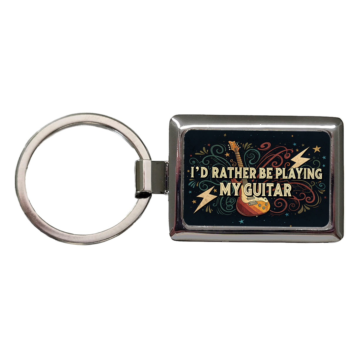 I'd Rather Be Playing My Guitar Rock And Roll Rectangle Metal Keychain