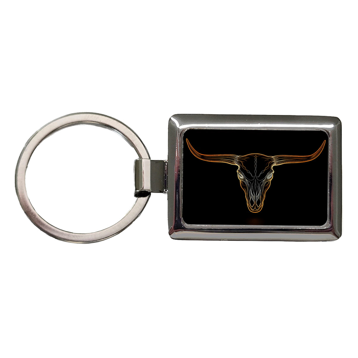 Longhorn Cattle Skull Outline Rectangle Metal Keychain