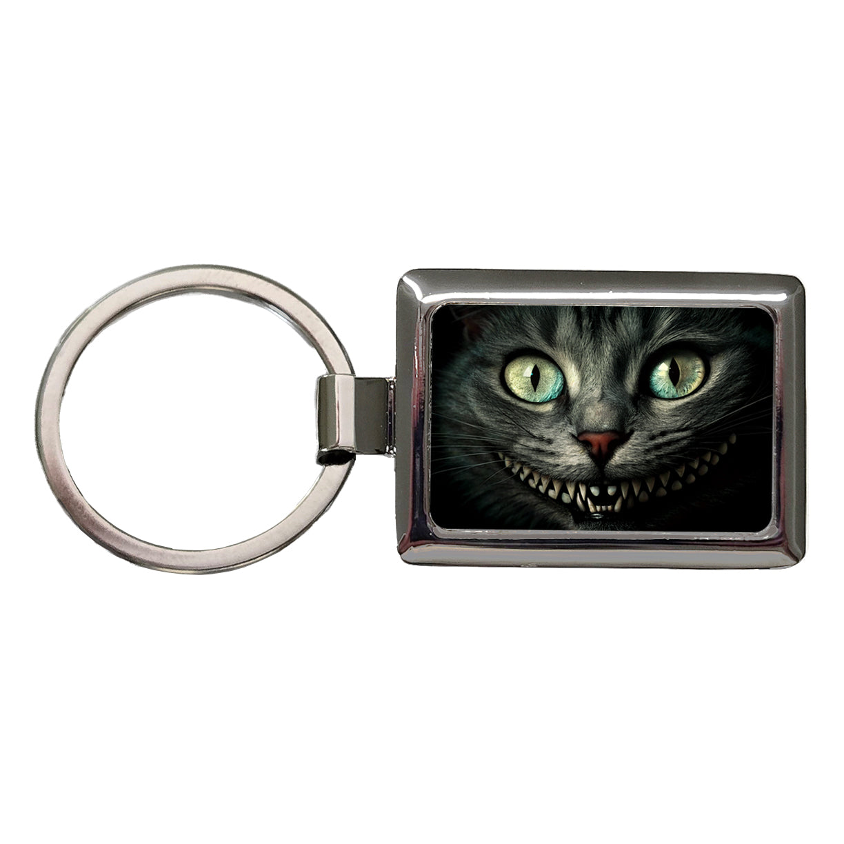 Mischievous Cheshire Cat Grin on Black Rectangle Metal Keychain