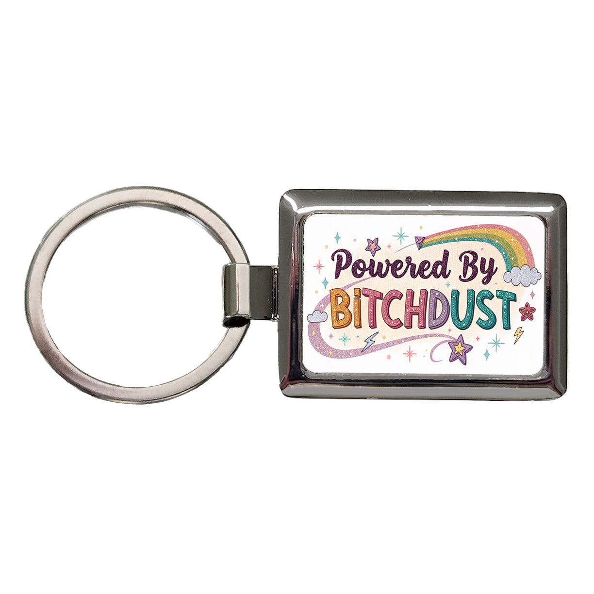 Powered By Bitchdust Sparkly Stars Rainbow Rectangle Metal Keychain