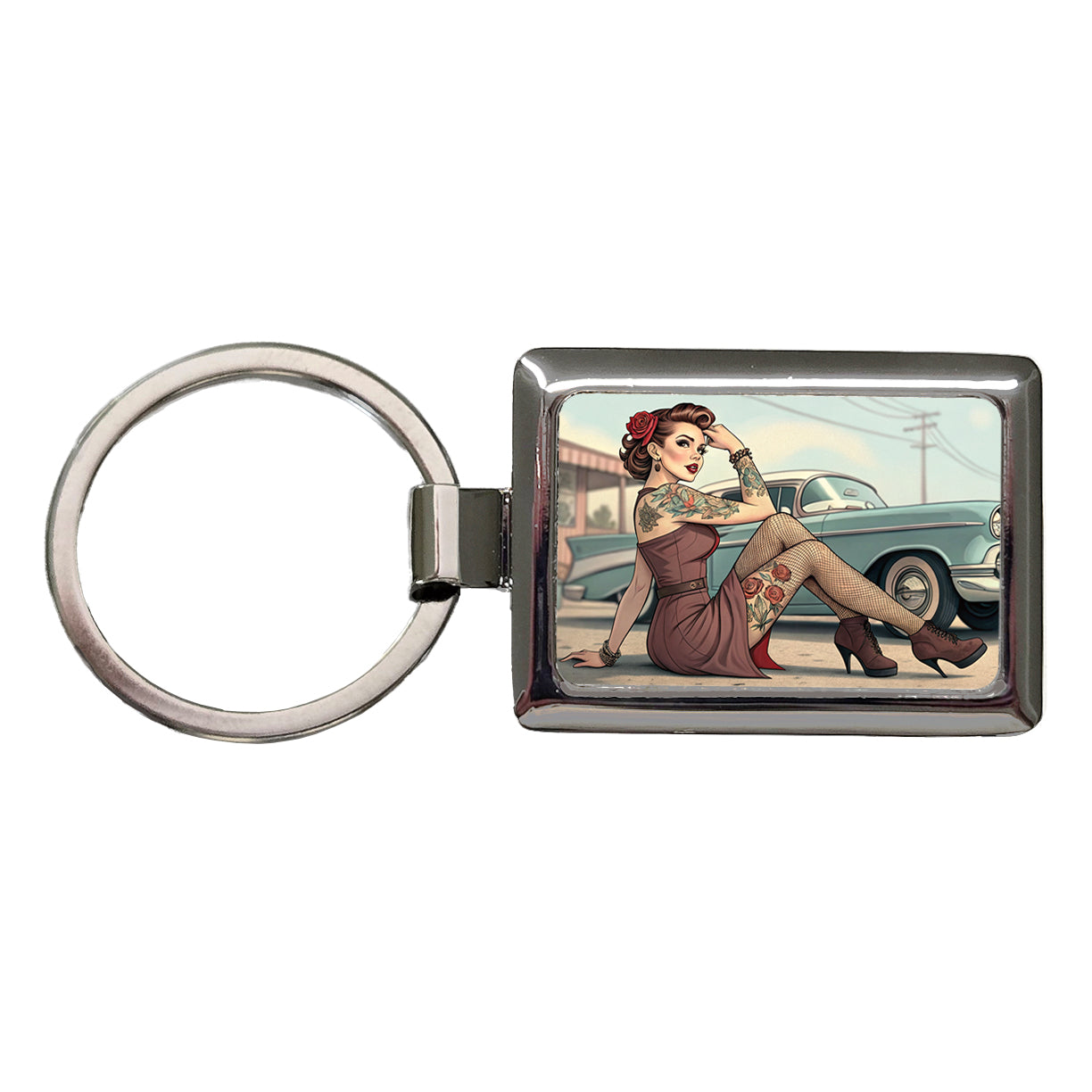 Rockabilly Retro 50's Pin-Up Girl With Tattoos Rectangle Metal Keychain
