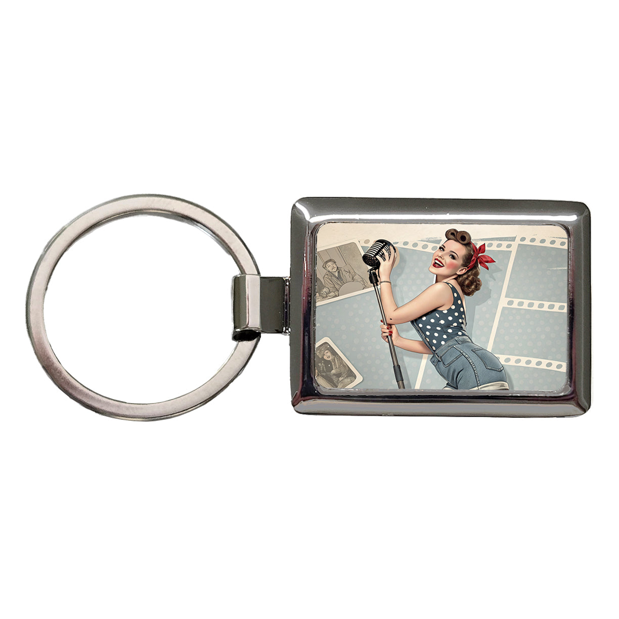 Rockabilly Retro 50's Pin-Up Girl Rectangle Metal Keychain