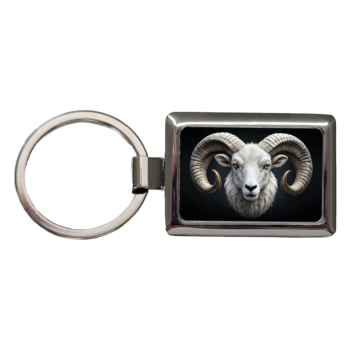 White Ram Head Rectangle Metal Keychain