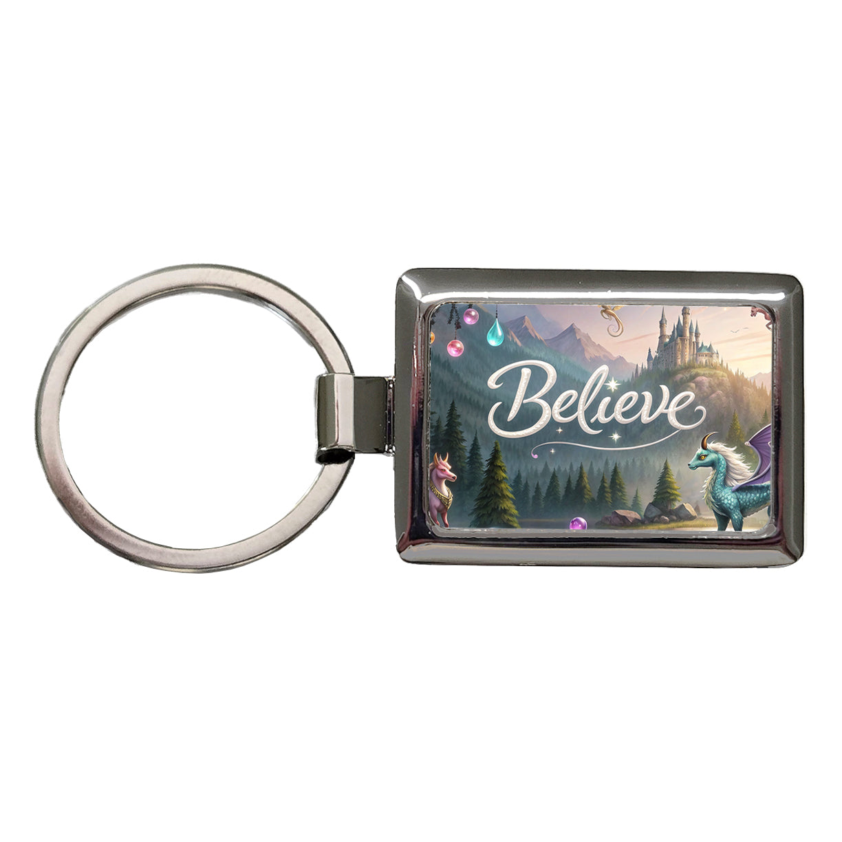 Believe Fantasy Creatures Rectangle Metal Keychain