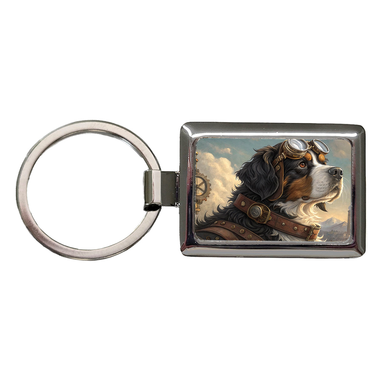 Bernese Mountain Dog Steampunk Rectangle Metal Keychain