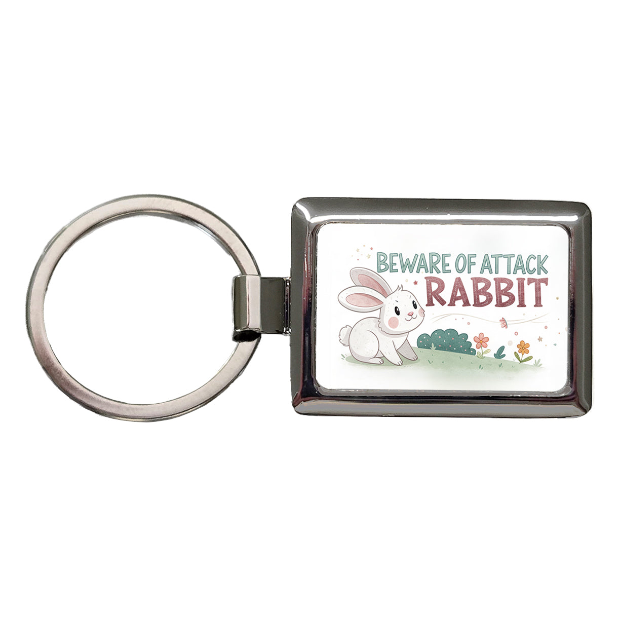 Beware Of Attack Rabbit Funny Rectangle Metal Keychain