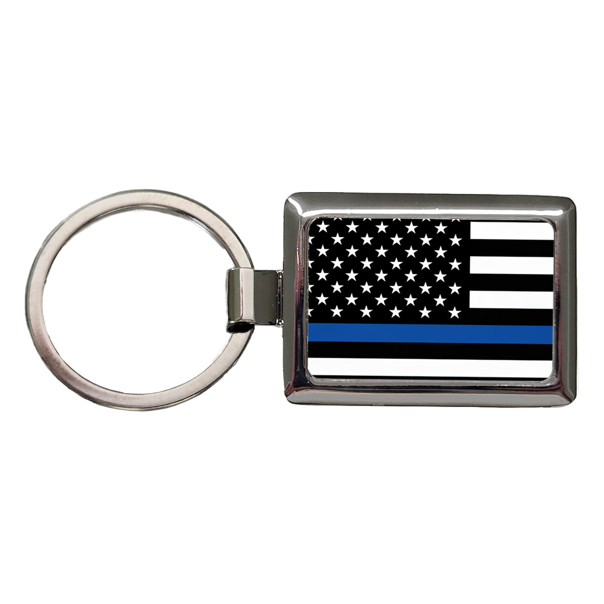 Black and White Thin Blue Line Police American Flag Rectangle Metal Keychain