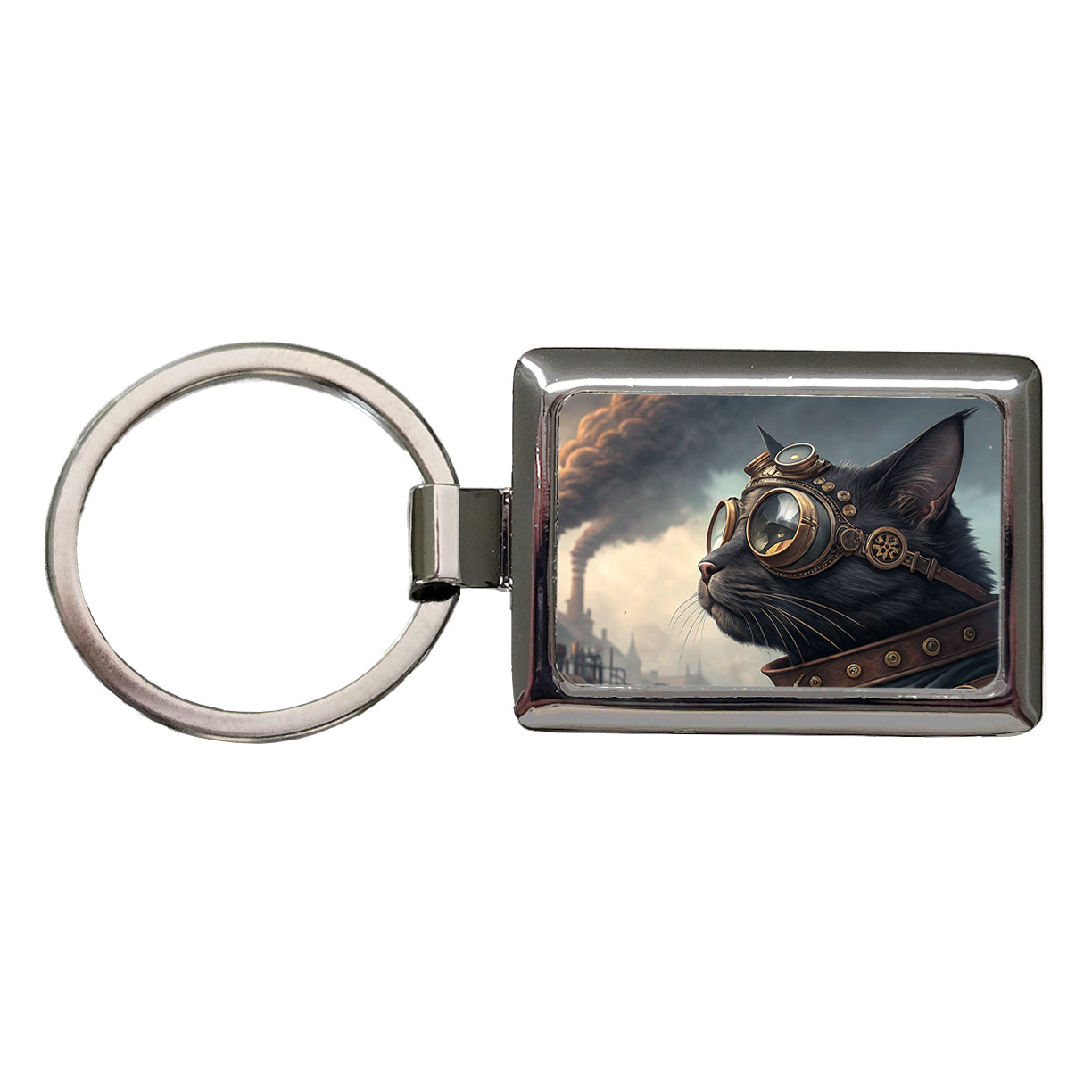 Black Cat Steampunk Rectangle Metal Keychain