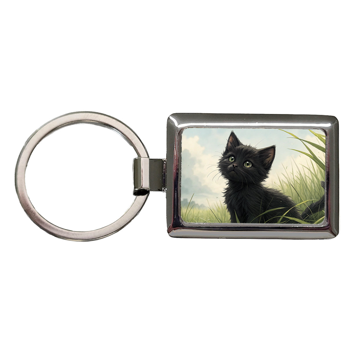 Black Kitten Cat in Field Rectangle Metal Keychain