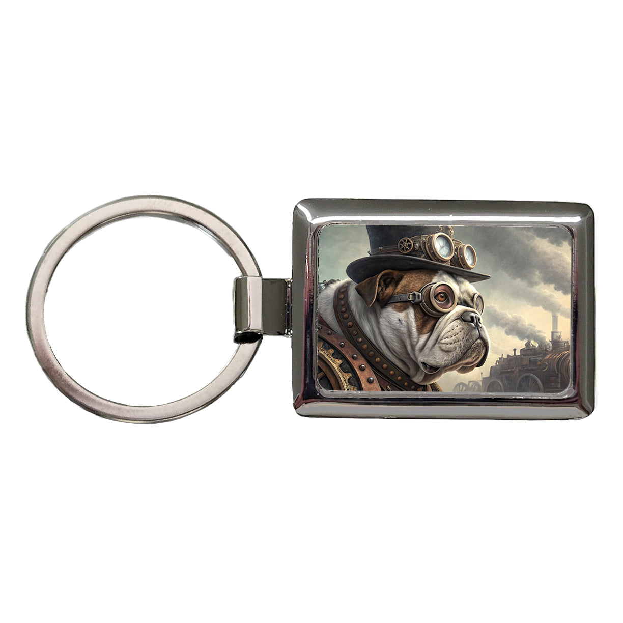 Bulldog Dog Steampunk Rectangle Metal Keychain