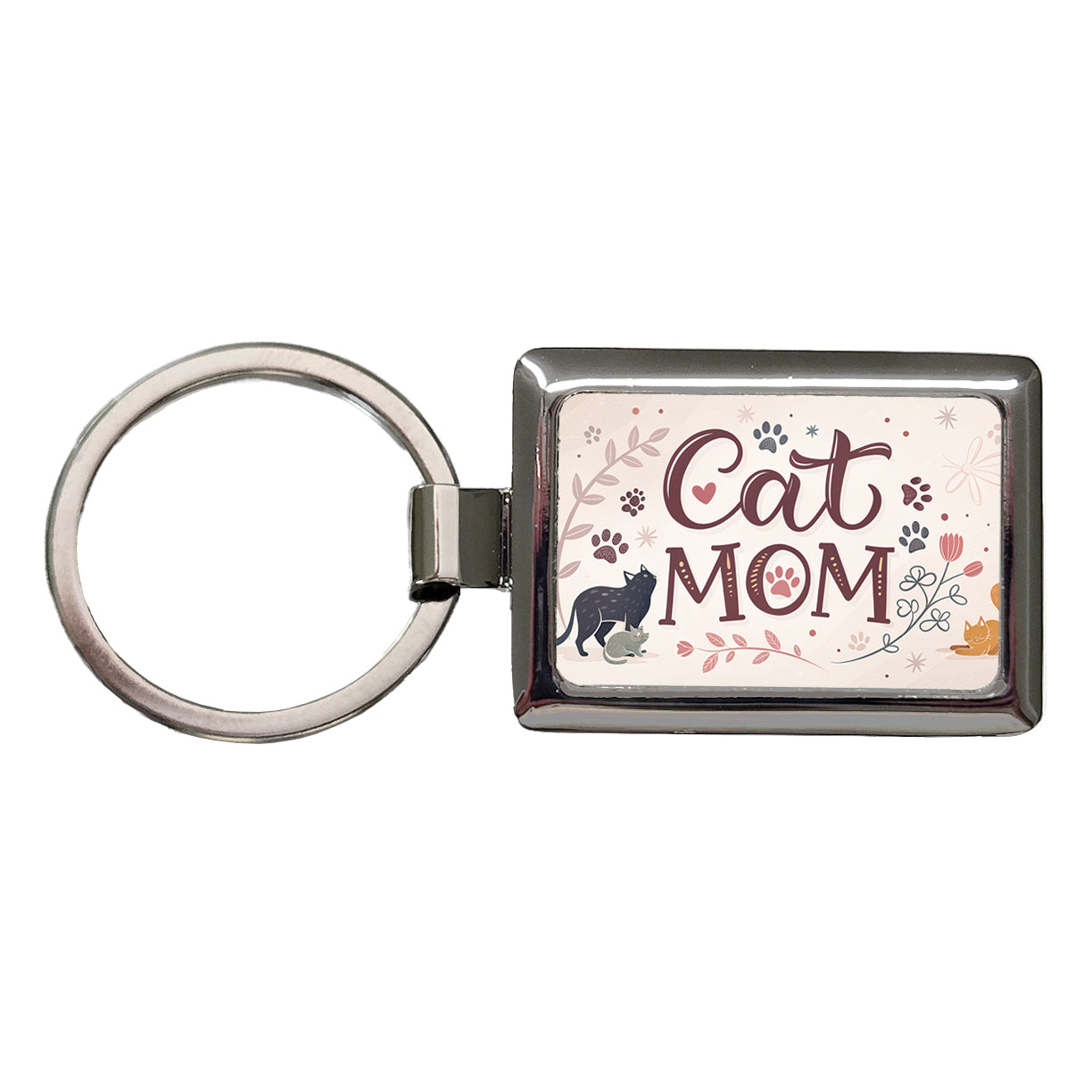 Cat Mom Floral Paw Prints Rectangle Metal Keychain