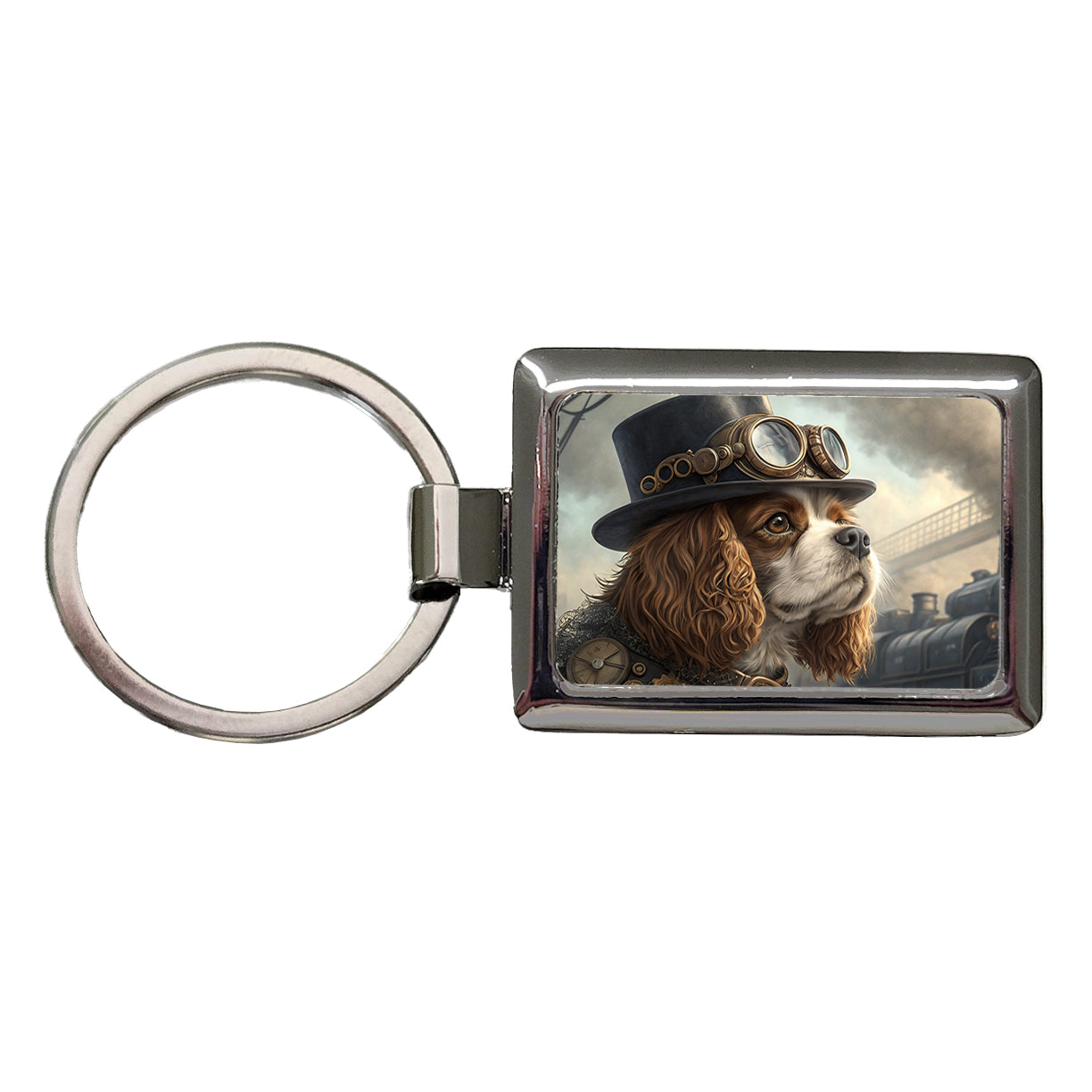 Cavalier King Charles Spaniel Dog Steampunk Rectangle Metal Keychain