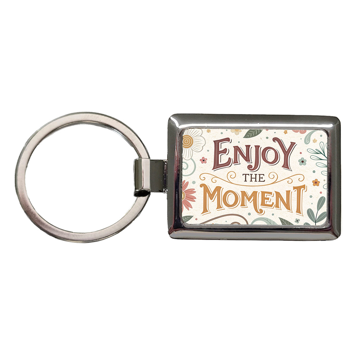 Enjoy The Moment Retro Floral Inspirational Rectangle Metal Keychain