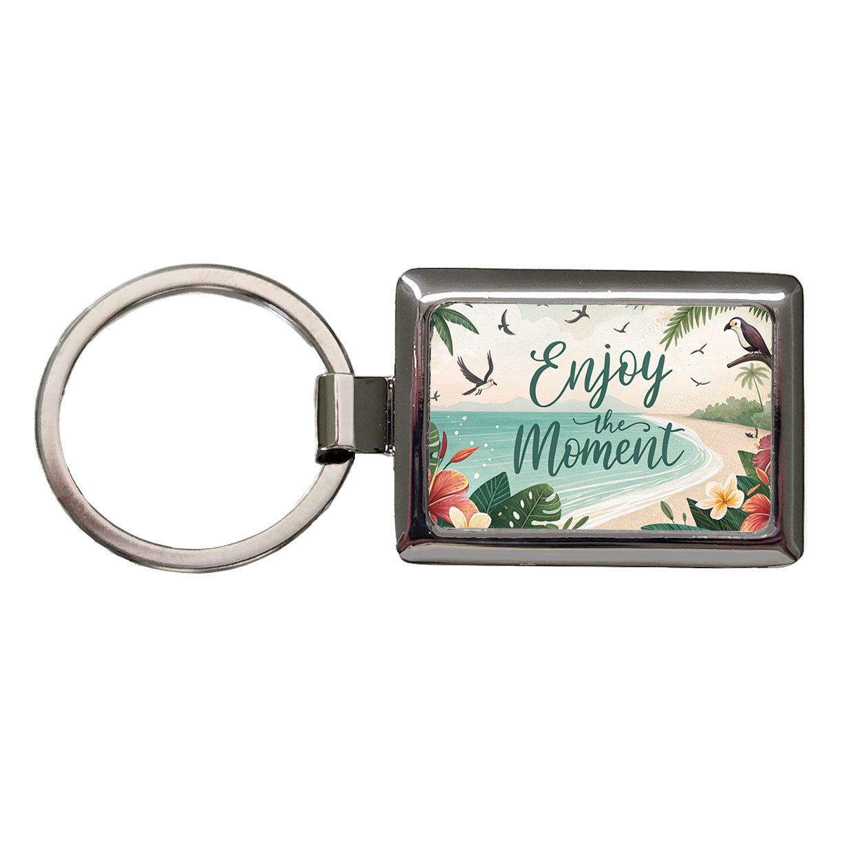 Enjoy The Moment Tropical Beach Inspirational Rectangle Metal Keychain
