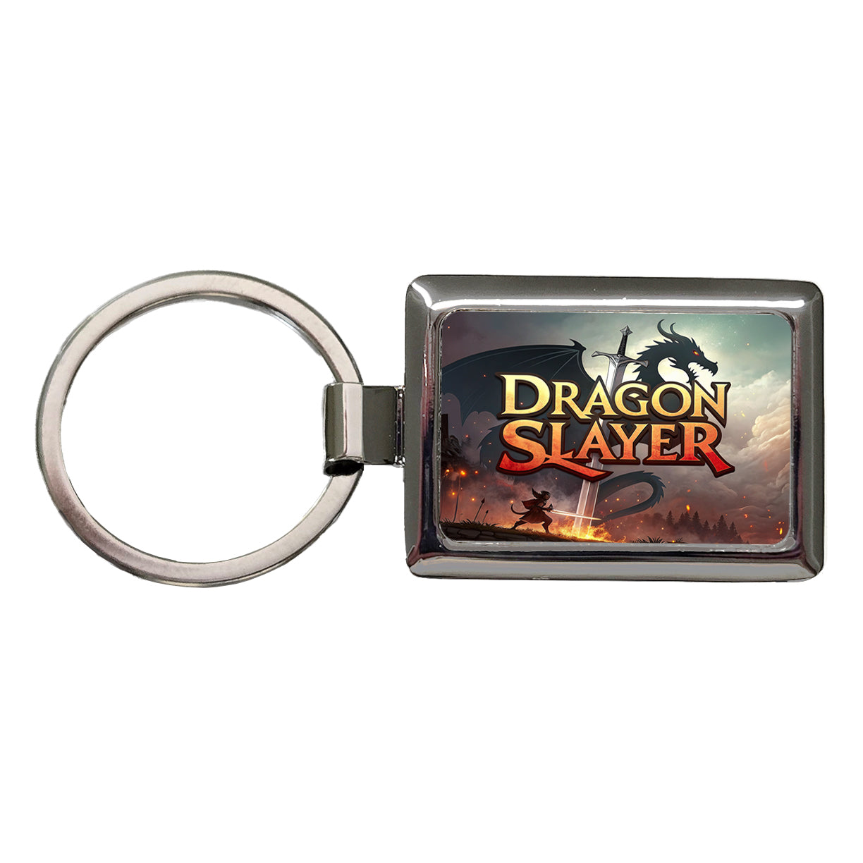 Fantasy Knight Dragon Slayer Illustration Rectangle Metal Keychain