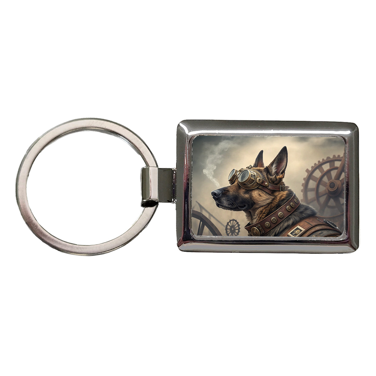 German Shepherd Dog Steampunk Rectangle Metal Keychain