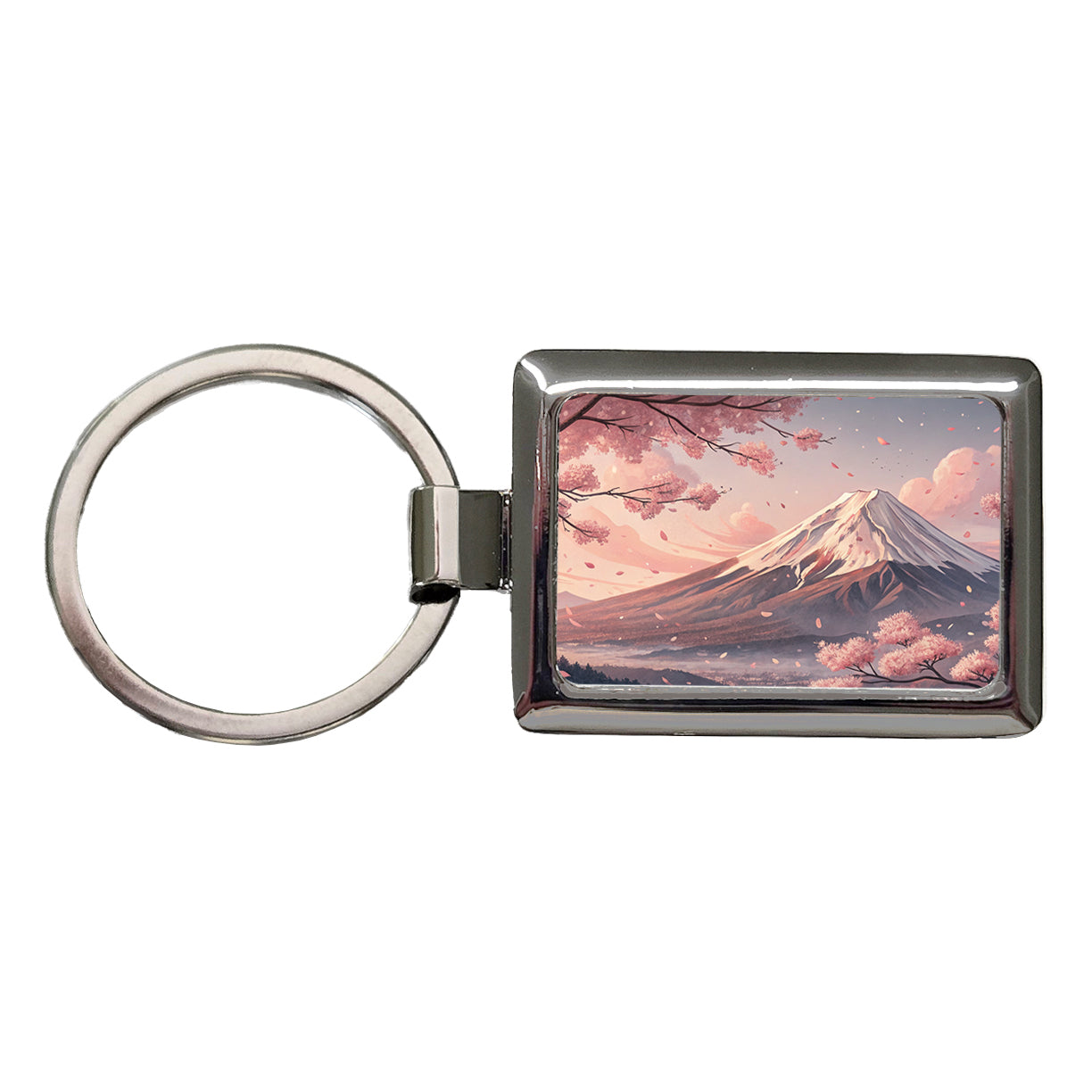 Mount Fuji Blooming Sakura Trees Japanese Illustration Rectangle Metal Keychain