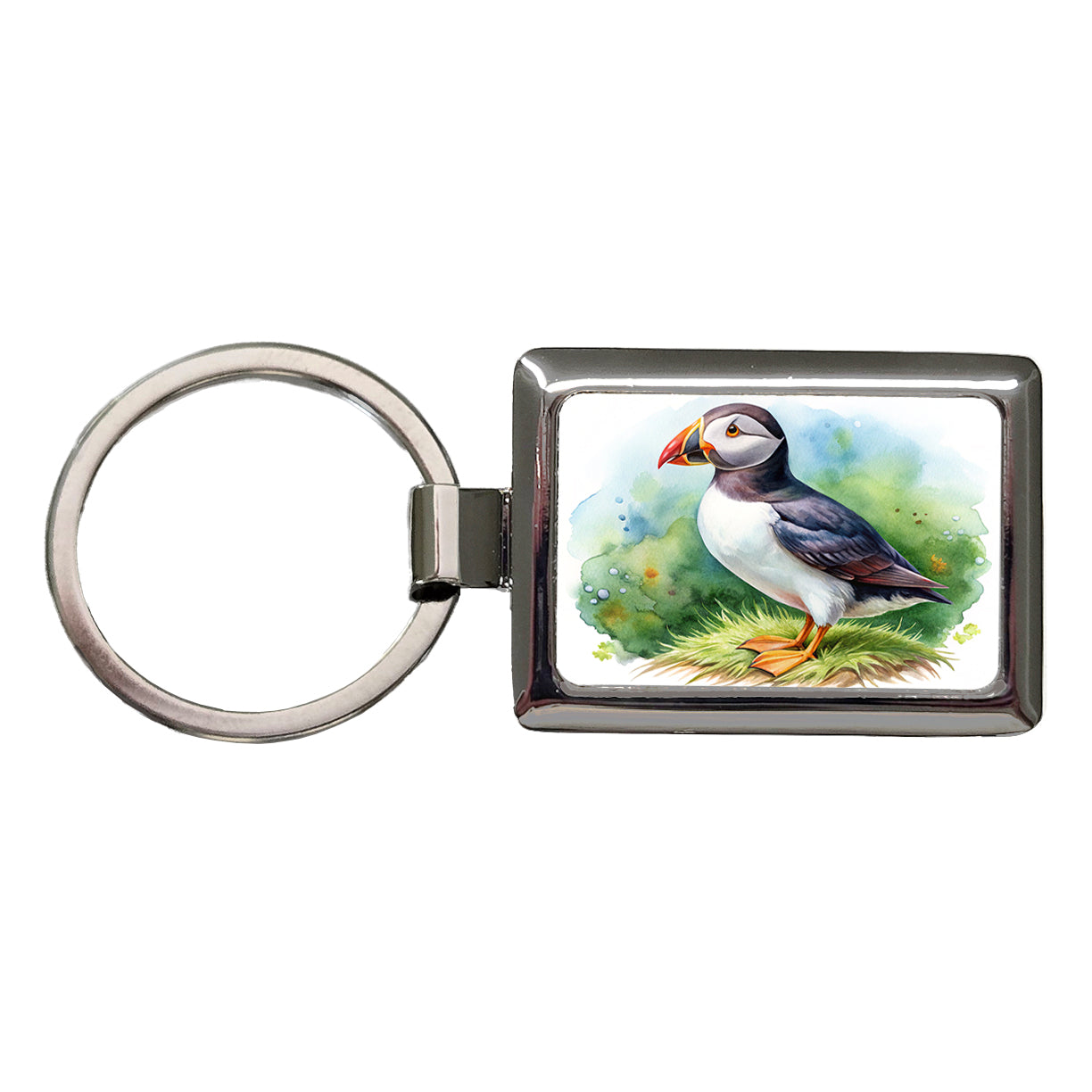 Puffin Bird Watercolor Rectangle Metal Keychain