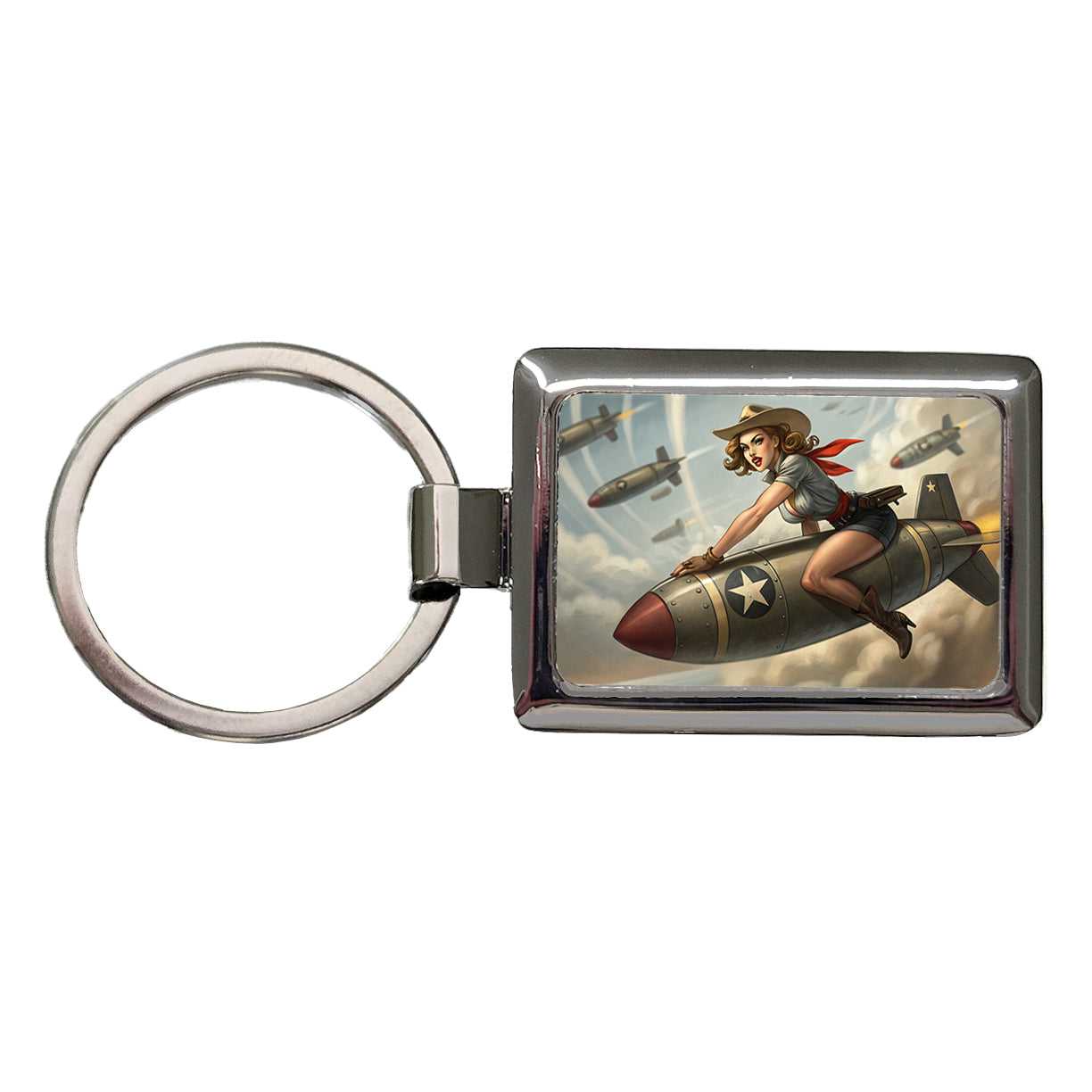 Rockabilly Patriotic Pin-Up Cowgirl Riding Bomb Funny Rectangle Metal Keychain