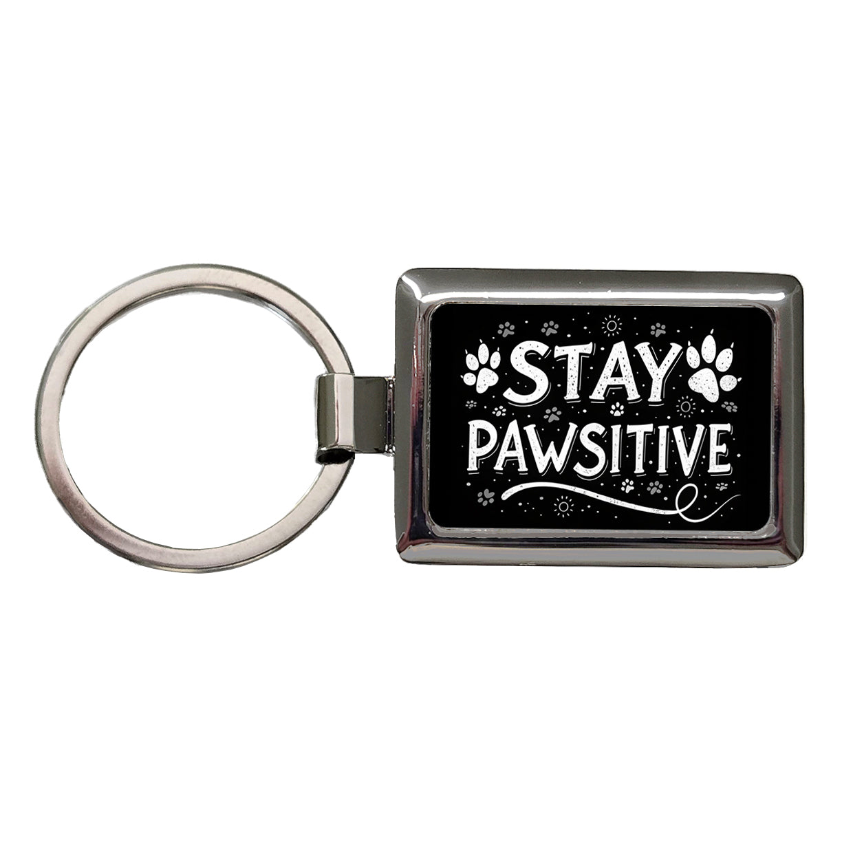Stay Pawsitive Positive Black White Paw Prints Rectangle Metal Keychain
