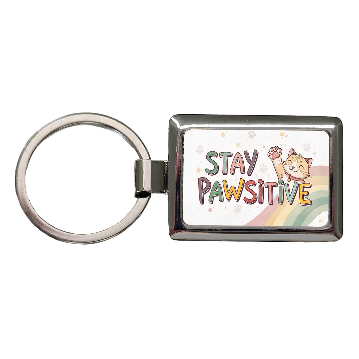 Stay Pawsitive Positive Cat Inspirational Funny Rectangle Metal Keychain
