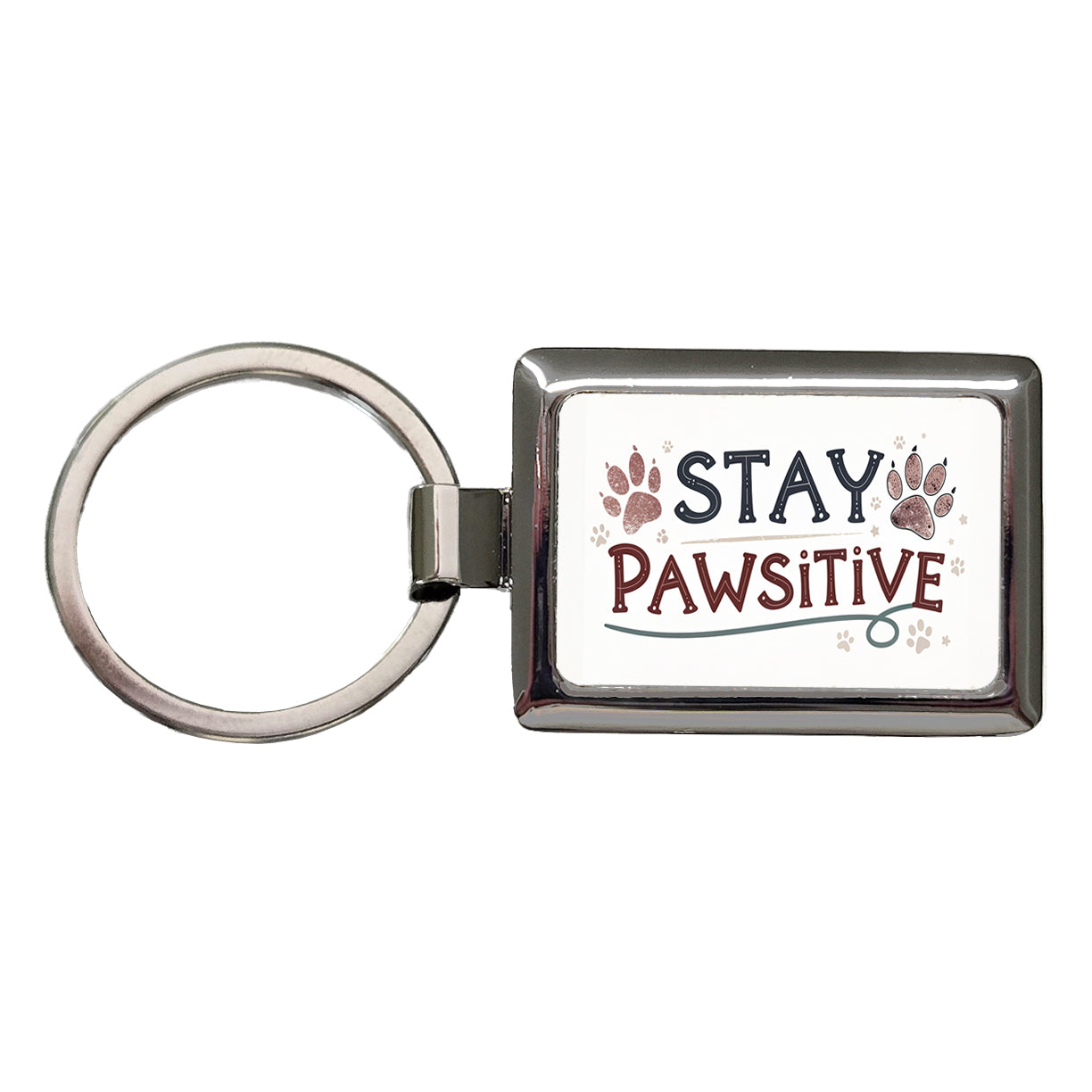 Stay Pawsitive Positive Paw Prints Inspirational Funny Rectangle Metal Keychain