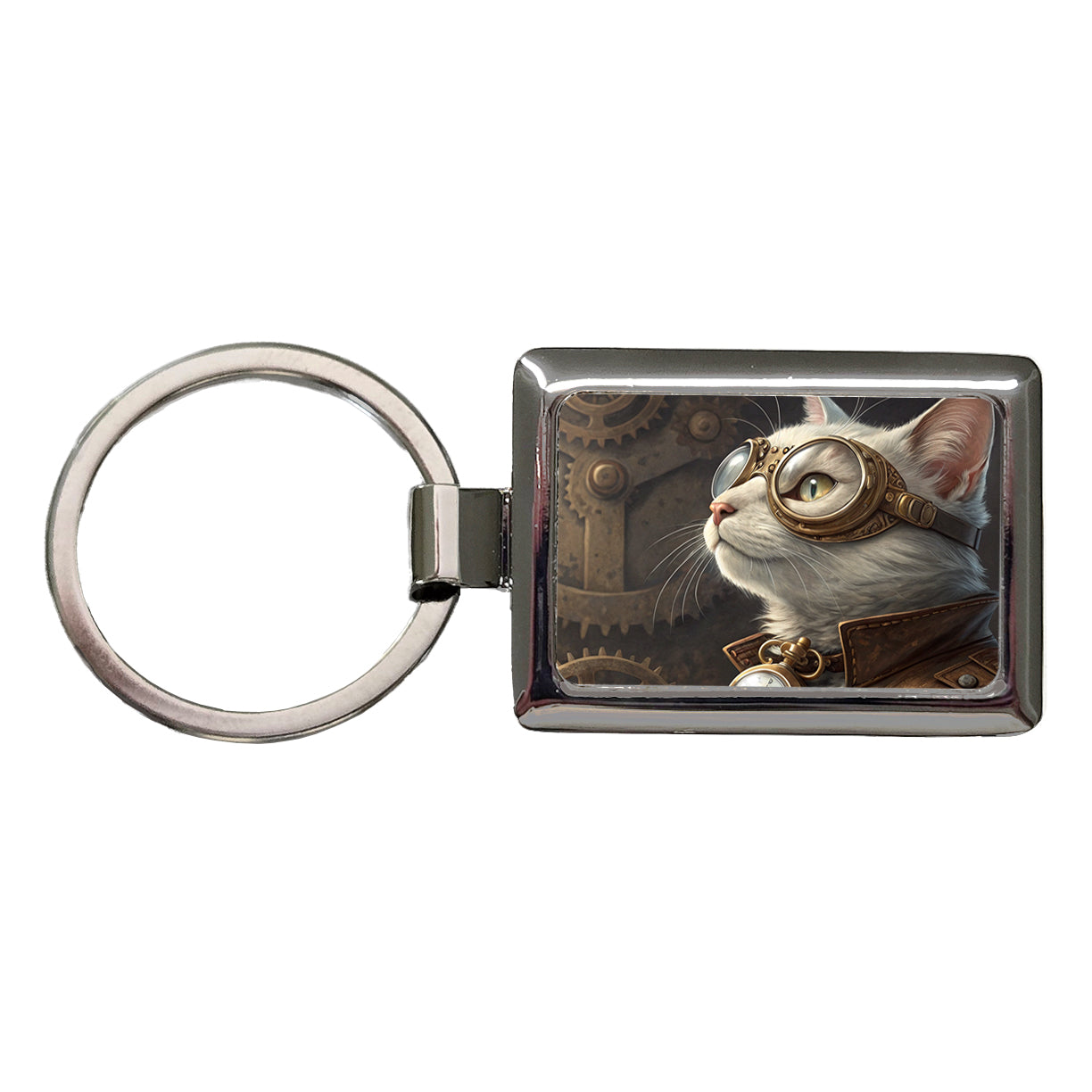 White Cat Steampunk Rectangle Metal Keychain