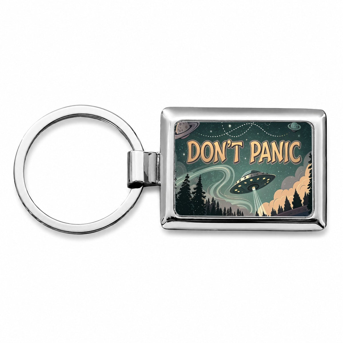 Don't Panic Retro UFO Invasion Funny Rectangle Metal Keychain