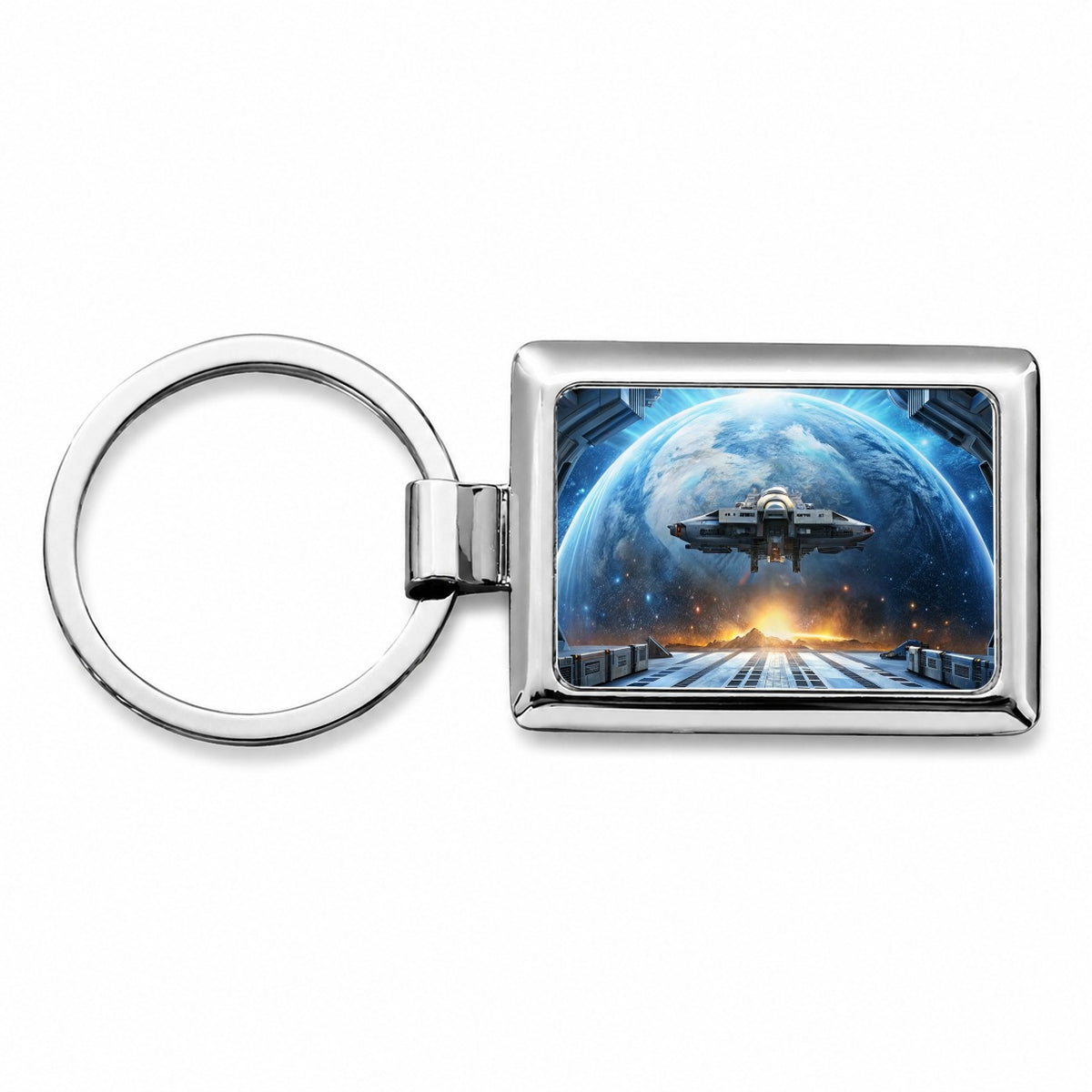Spaceship Entering Station Spacedock Rectangle Metal Keychain