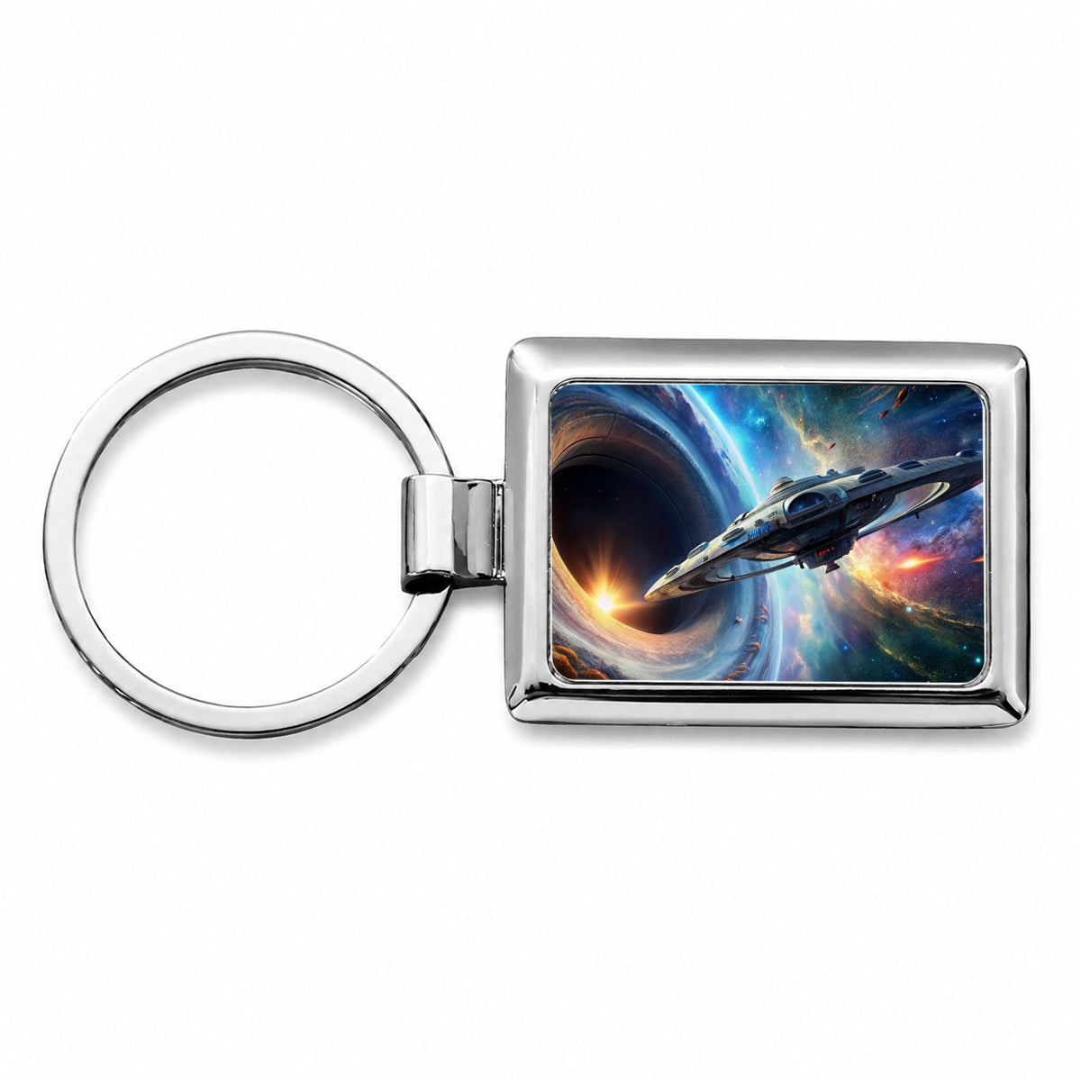 Starship Spaceship Coming Out Of Space Wormhole Rectangle Metal Keychain