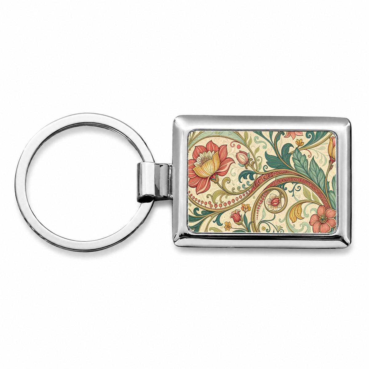 Art Nouveau Flower Leaf Pattern Rectangle Metal Keychain