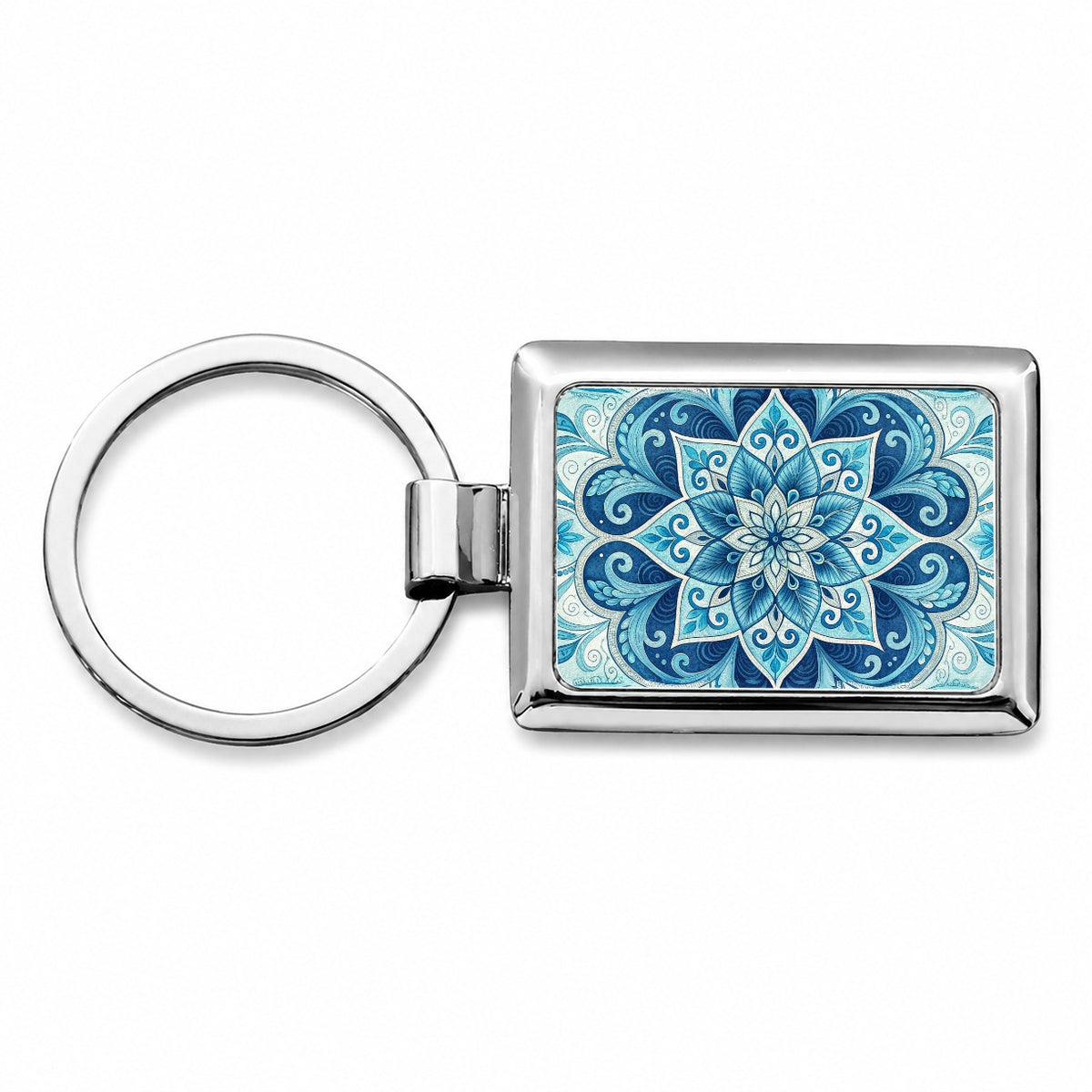 Blue Symmetrical Artistic Floral Pattern Rectangle Metal Keychain