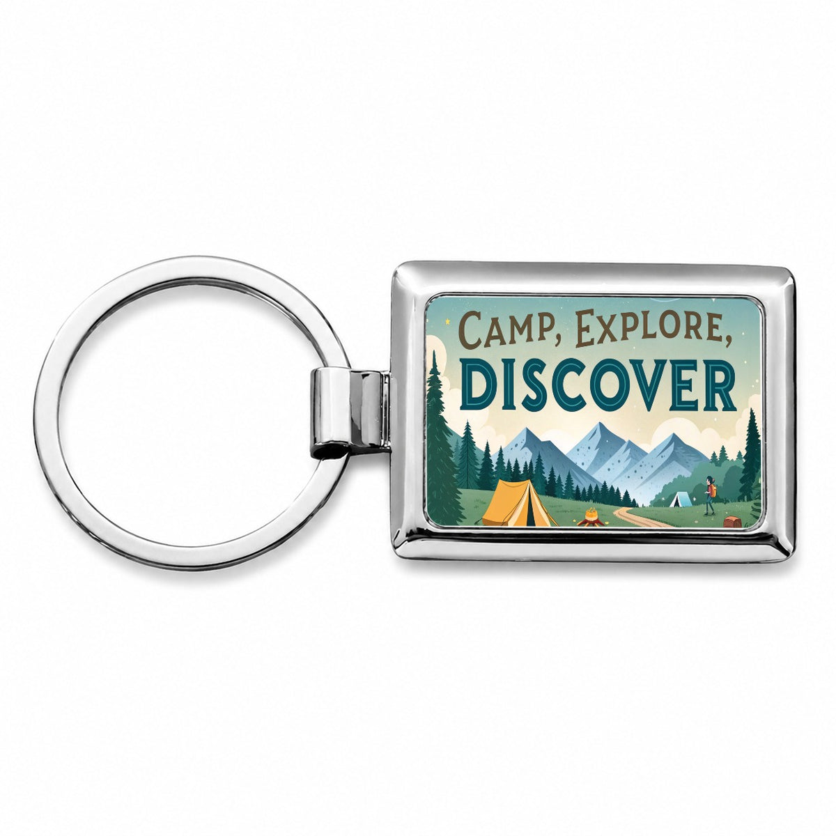 Camp Explore Discover Text Camping And Hiking Rectangle Metal Keychain