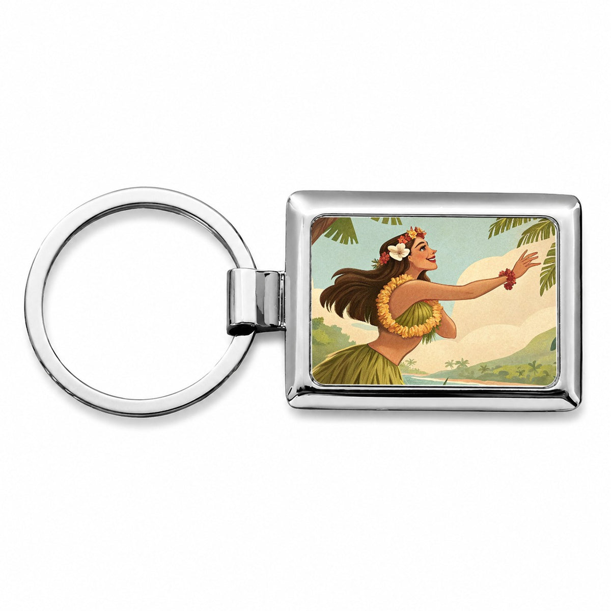 Dancing Hawaiian Hula Girl in Grass Skirt Rectangle Metal Keychain