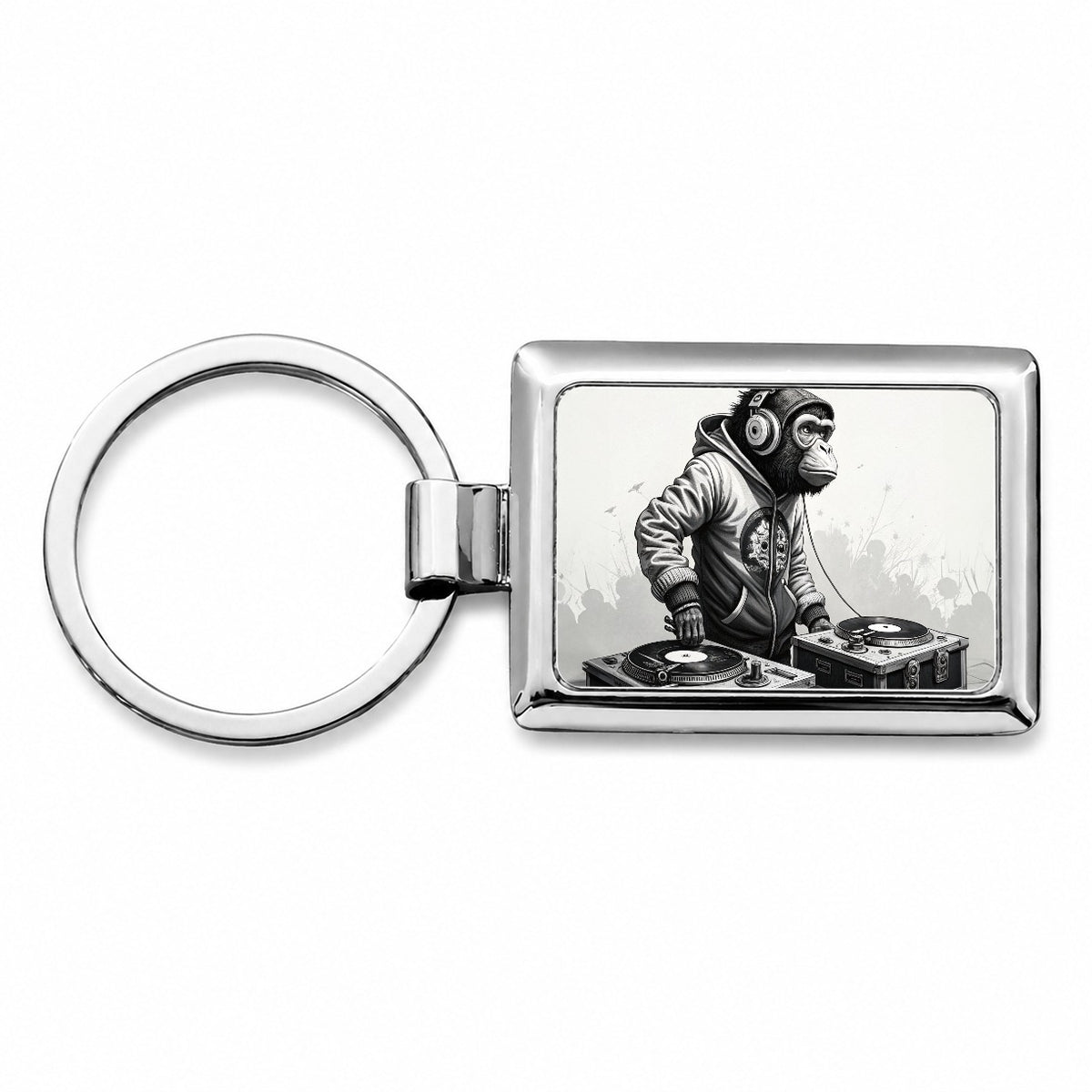 DJ Monkey with Headphones B&W Rectangle Metal Keychain