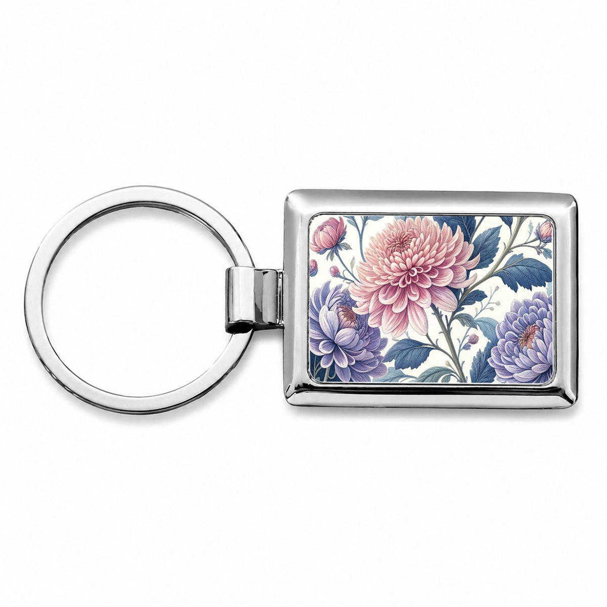 Flowers Pink Blue Purple Pattern Rectangle Metal Keychain