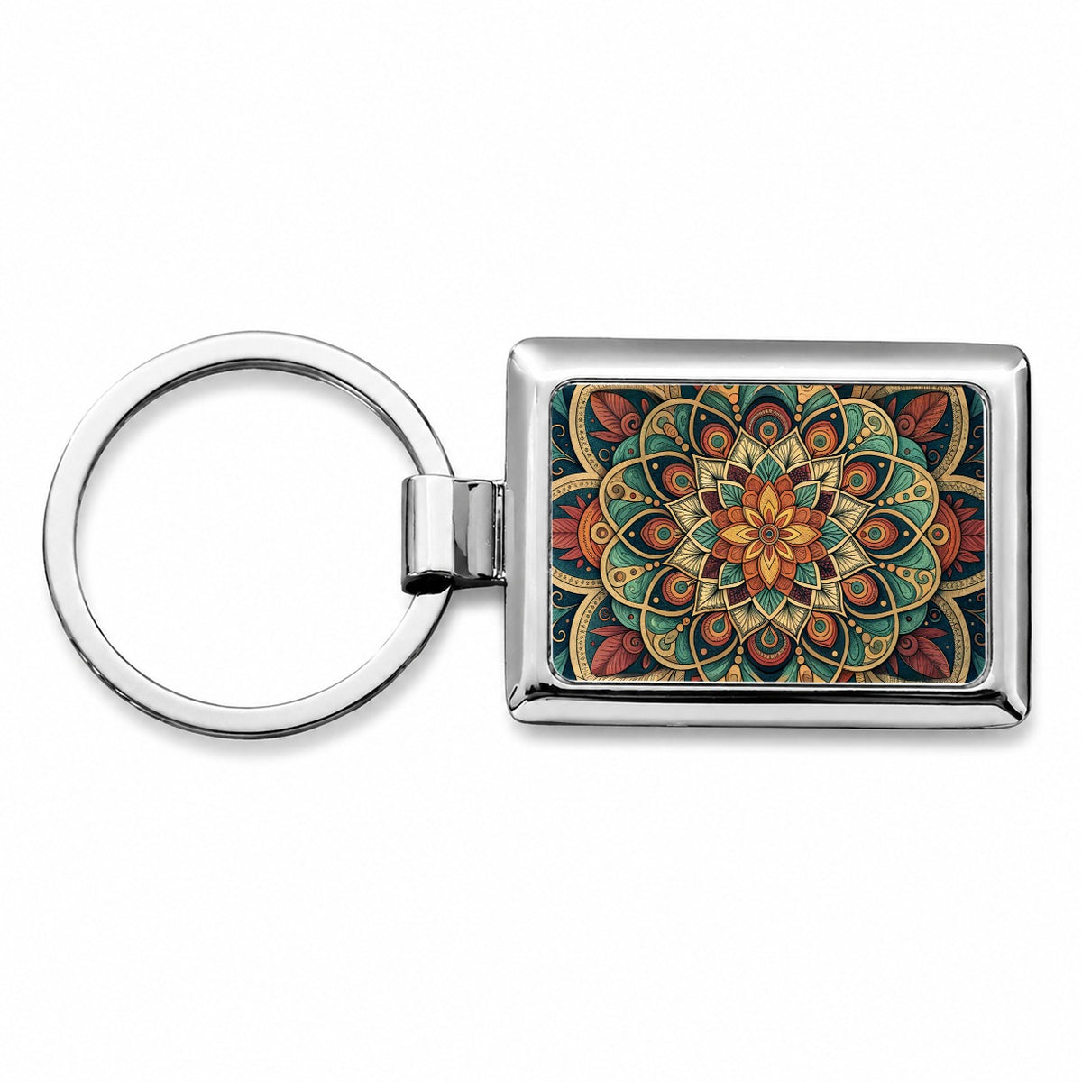 Mandala Colorful Floral Pattern Rectangle Metal Keychain