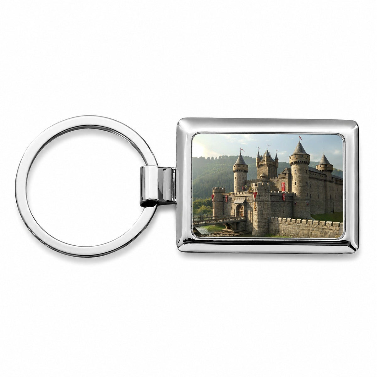 Medieval Castle with Moat Rectangle Metal Keychain