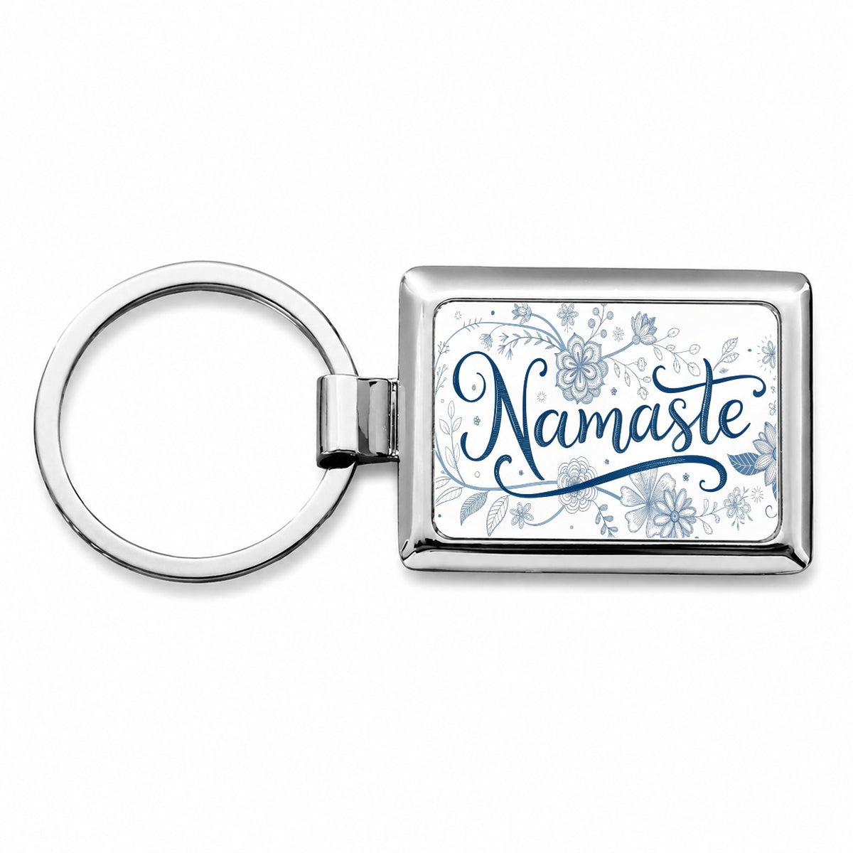 Namaste Blue Floral Rectangle Metal Keychain