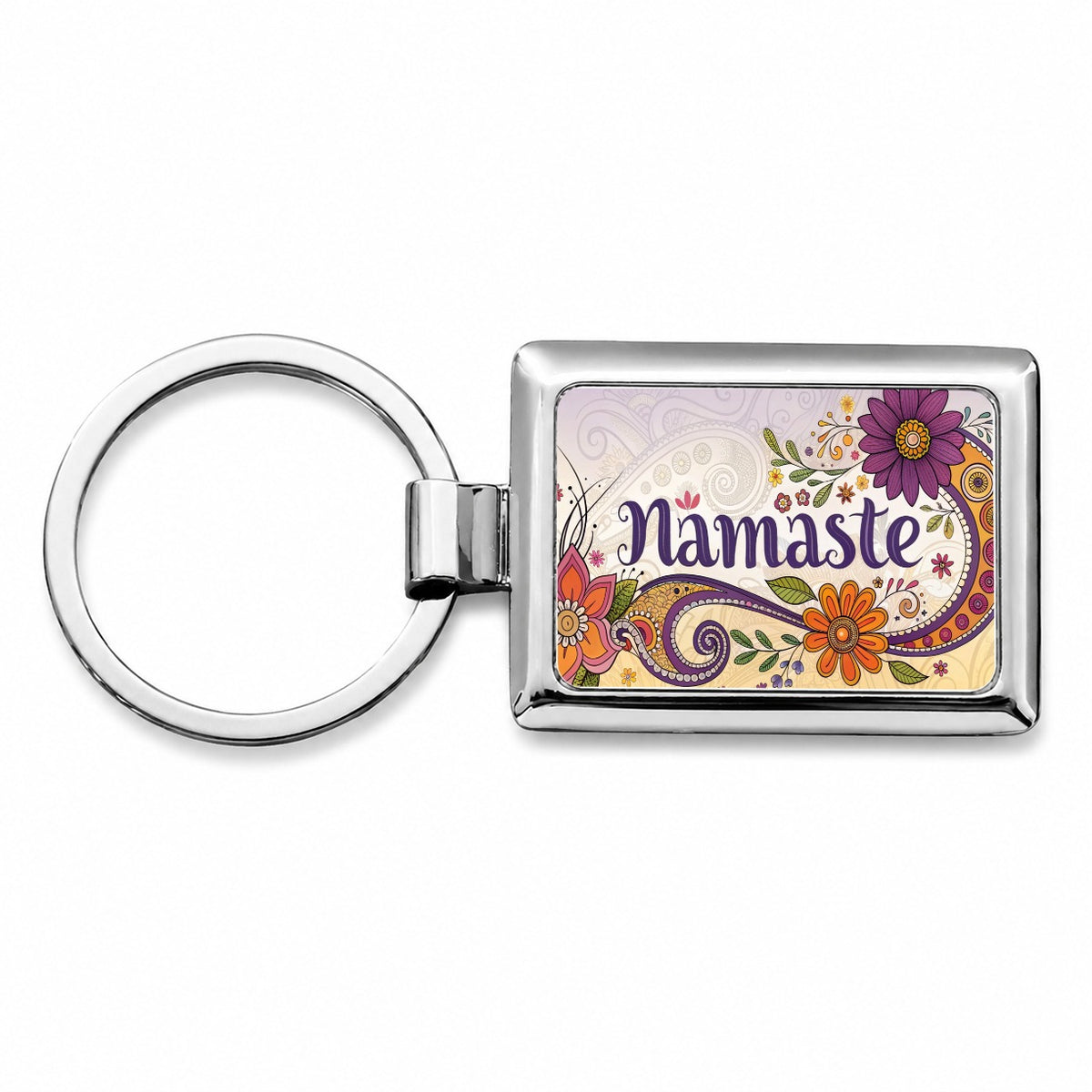 Namaste Flower Fun Retro Rectangle Metal Keychain